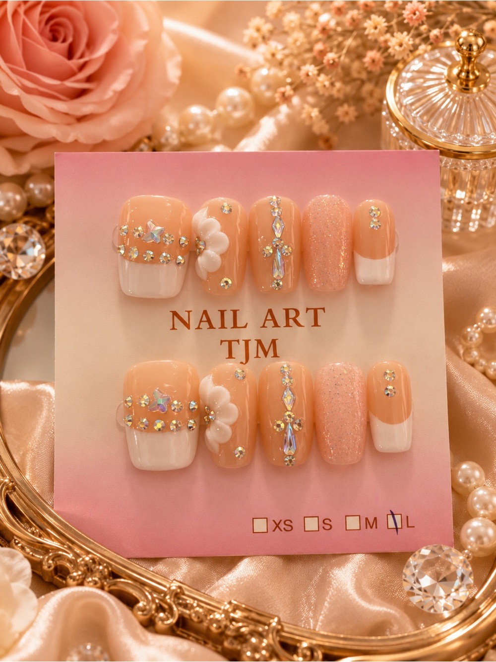 Peach Ombre Press-On Nails with White Tips & Rhinestones